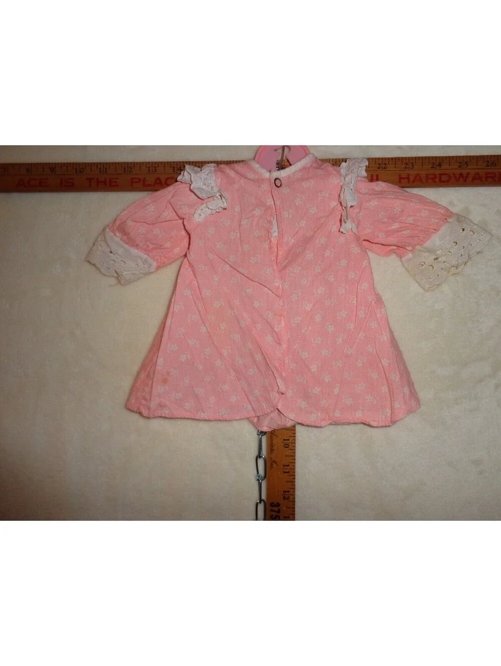 Vintage Pink Floral Calico Baby Doll Dress Eyelet Flutter Trim Ribbon